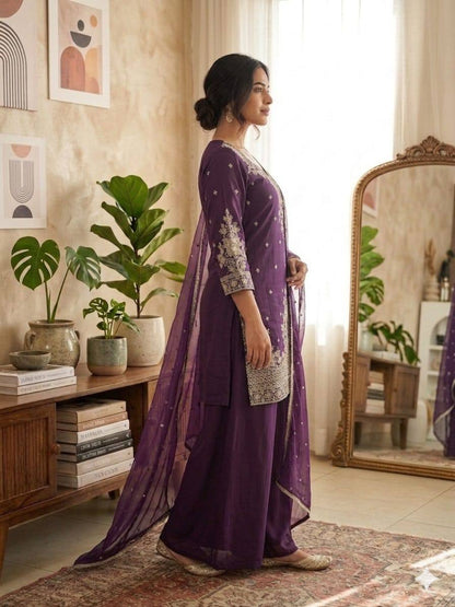 Luxury Fusion Style Designer Ensemble – Elegant Roman Silk Set with Embroidery, Sequins & Nazmeen Dupatta