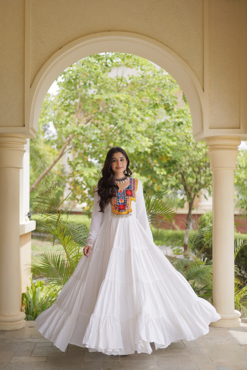 RangBhoomi Navratri Gown Collection 2026 — Wine, Rama & White Embroidered Mirror Work Gown