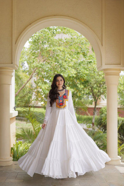RangBhoomi Navratri Gown Collection 2026 — Wine, Rama & White Embroidered Mirror Work Gown