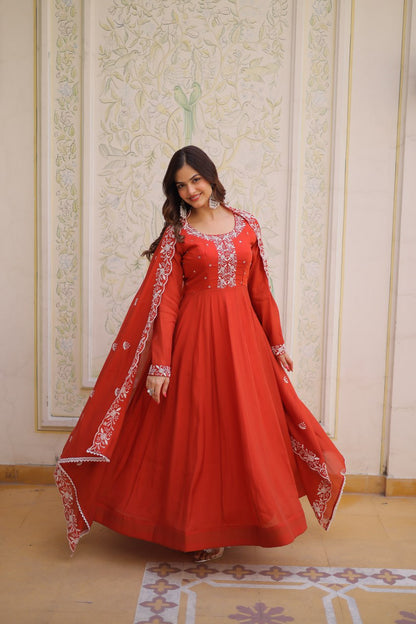 Elegant Mal Chanderi Gown and Dupatta Set with Bead Embroidery and Designer Cutwork Lace Border