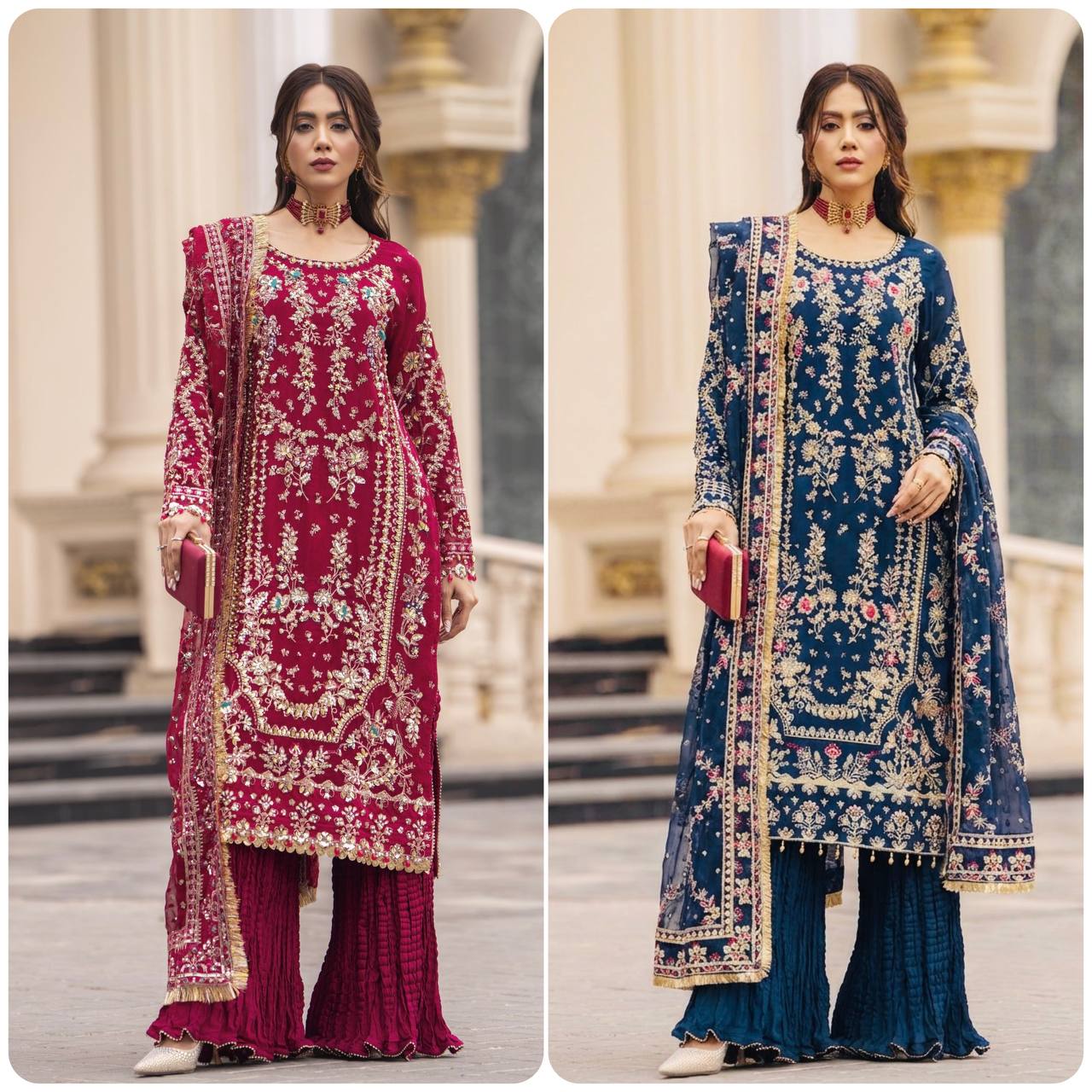 Elegant Ready-to-Wear Designer Set in Faux Georgette with Intricate Heavy Embroidery and Sequins - Fully Stitched Top, Bottom, and Dupatta