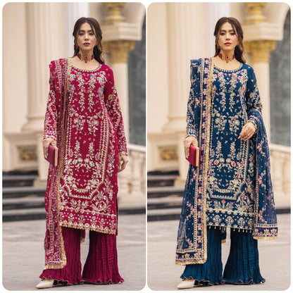 Elegant Ready-to-Wear Designer Set in Faux Georgette with Intricate Heavy Embroidery and Sequins - Fully Stitched Top, Bottom, and Dupatta