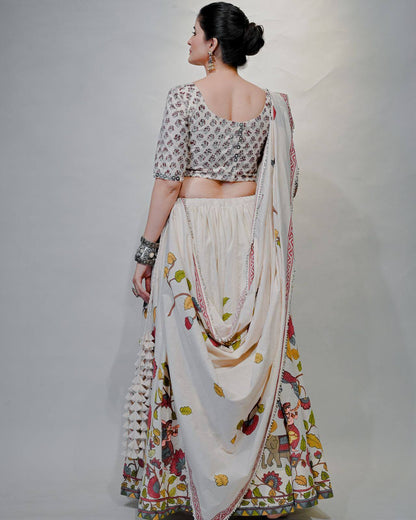 Back view of Gamthi Grace Lehenga Choli showing detailed blouse print, dupatta, and colorful folk lehenga design.