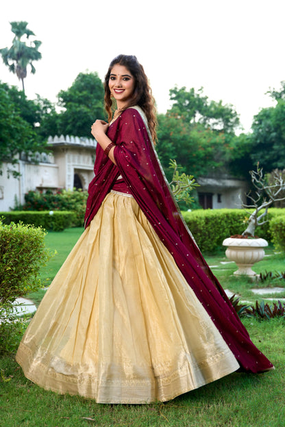 RangBhoomi Exclusive Kanchipuram Silk Lehenga Set with Zari Weaving and Embroidered Vichitra Silk Dupatta