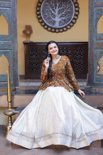 RangBhoomi Elegant Silk Embroidered Crop Top Set with Flared Lehenga and Sequined Detailing