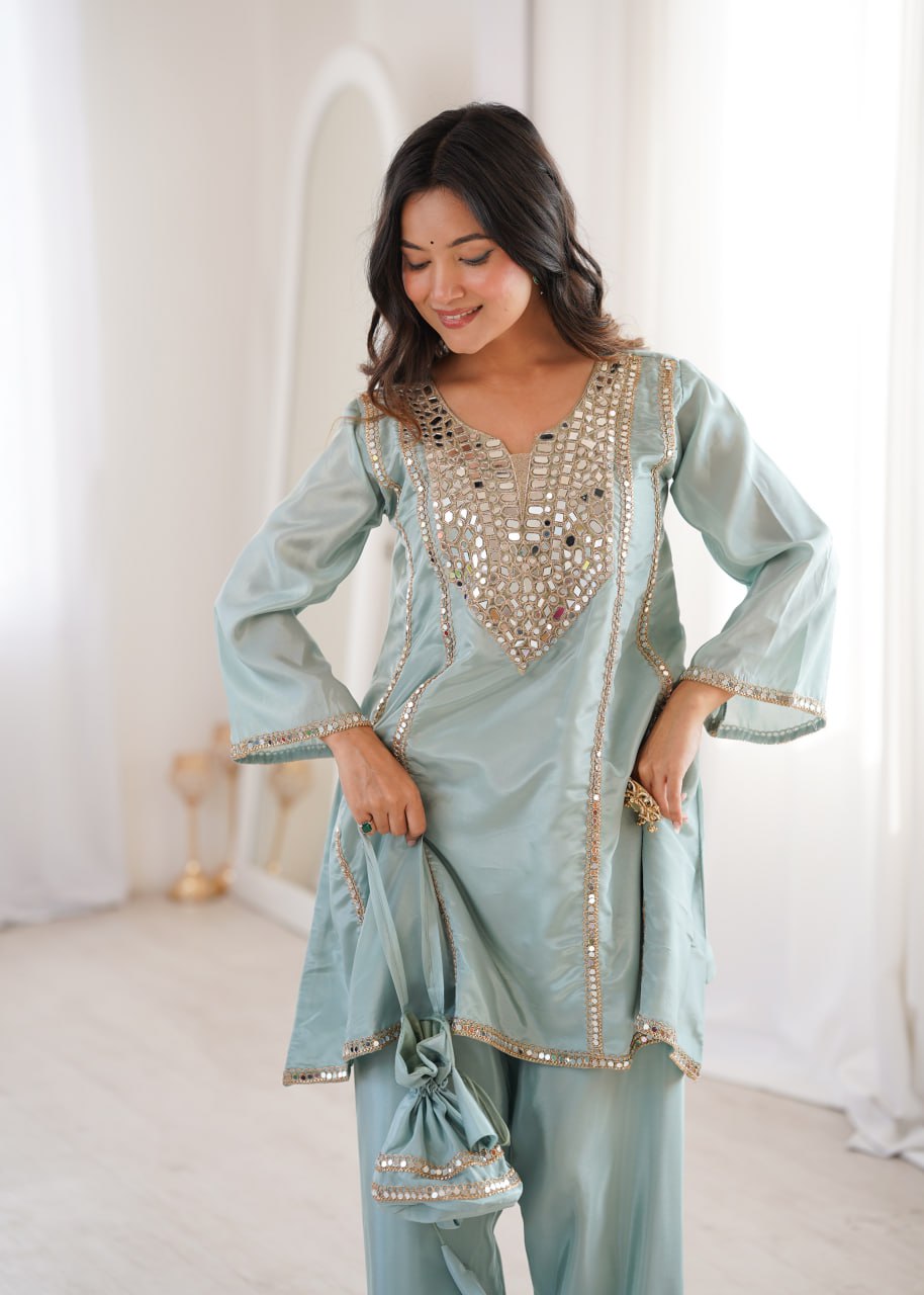 Ready-to-Wear Kurti and Pant Set with Decorative Drawstring Bag - Mirror Embroidered Collection 2026