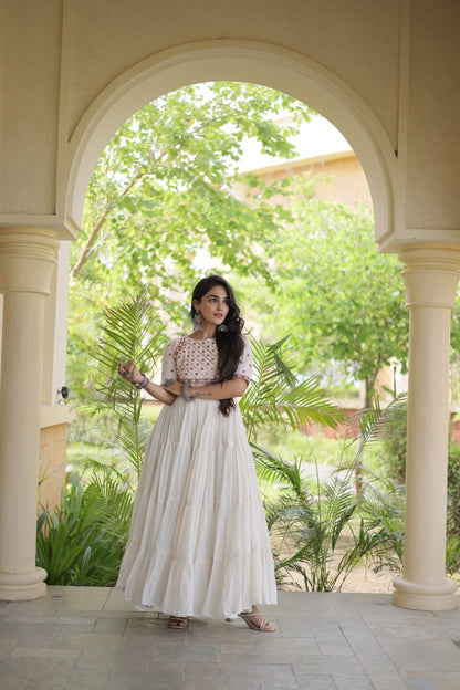 RangBhoomi Navratri Embroidered Kora Cotton Gown — Off-White & Black, 56" Length