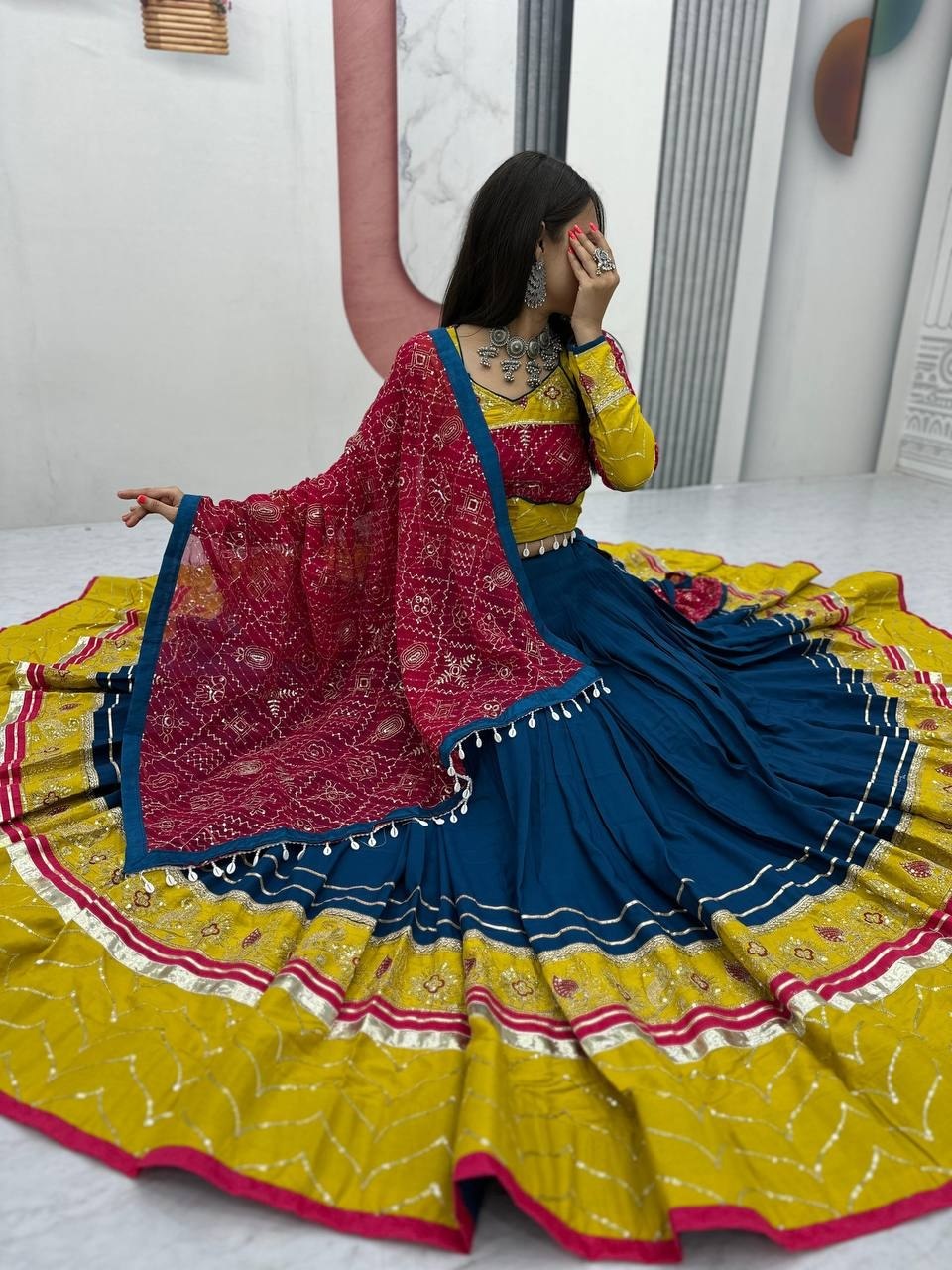 RangBhoomi Navratri Special Pure Cotton Embroidered Lehenga Choli with 6m Flair and Heavy Dupatta