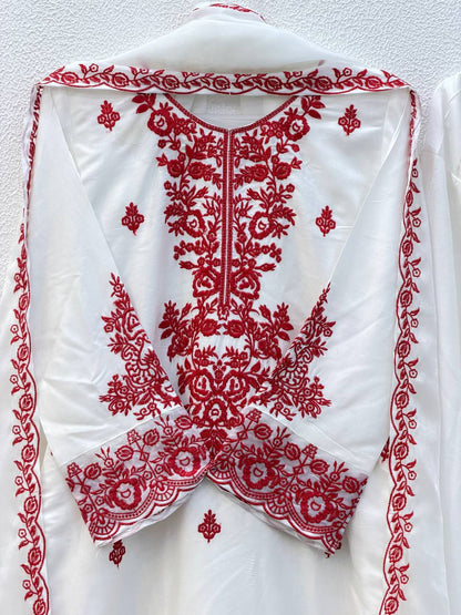 Elegant Women's Ethnic Ensemble with Embroidered Rayon Cotton Top, Farshi Pants, and GMY Silk Dupatta