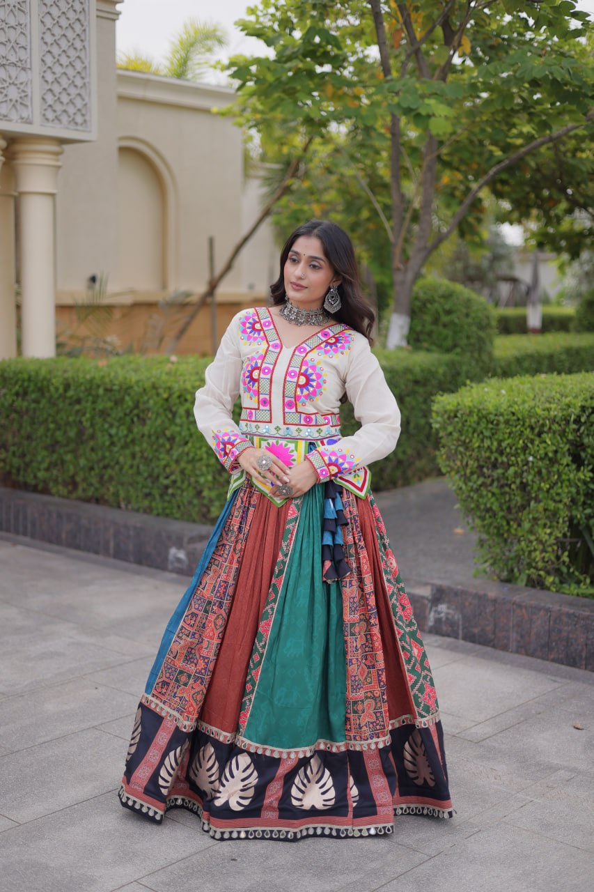 RangBhoomi Navratri Cotton Lehenga Set with Mirror Lace — Full-Stitched Festive Ensemble