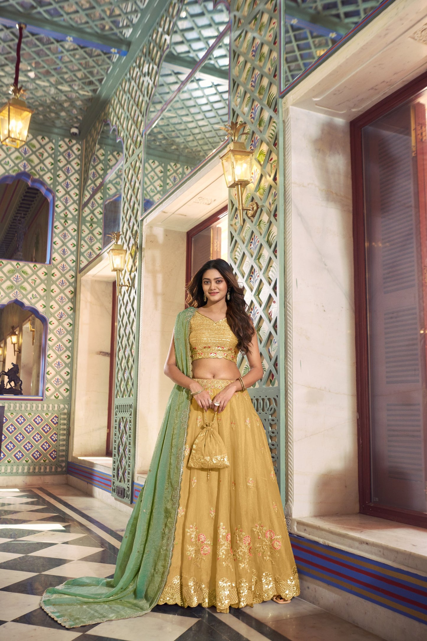 Sunlit Grace Pastel Green Embroidered Lehenga with Sequins and Thread Detailing