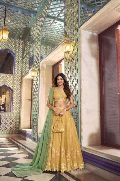 Sunlit Grace Pastel Green Embroidered Lehenga with Sequins and Thread Detailing