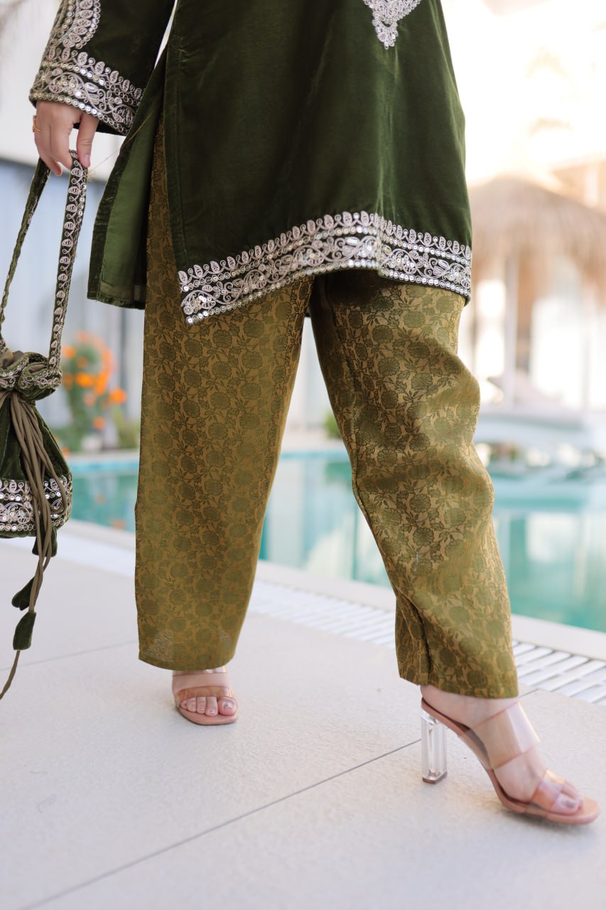 Ready-to-Wear Velvet Top and Pant Set with Embroidered Batwa from RangBhoomi Collection