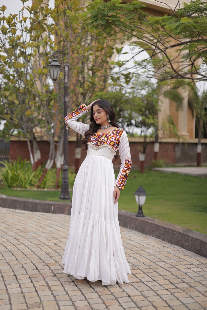 RangBhoomi Navratri Gown Collection 2026 - Elegant Mukaish & Mirror Work Full-Sleeve Gown