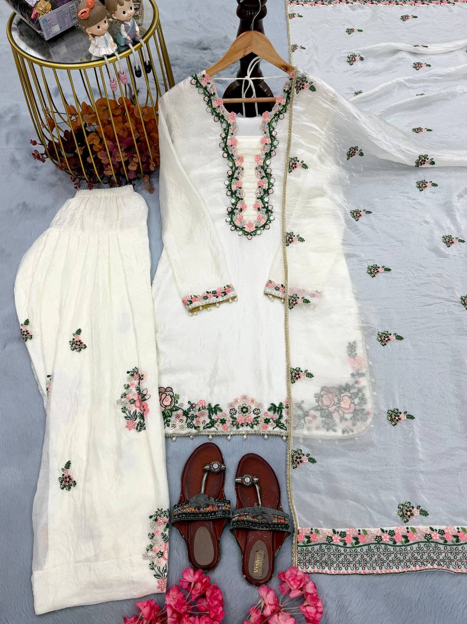 Exclusive Designer Party Wear Pure Fendi Silk Top with Farshi Palazzo and Elegant Dupatta Set