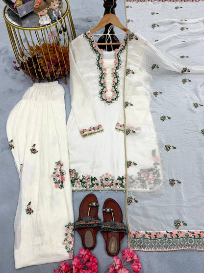 Exclusive Designer Party Wear Pure Fendi Silk Top with Farshi Palazzo and Elegant Dupatta Set