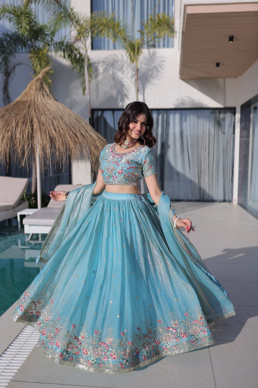 Elegant Lehenga Choli and Dupatta Ensemble in Fendi Silk with Multi-Thread Embroidery