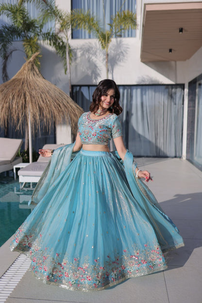 Elegant Lehenga Choli and Dupatta Ensemble in Fendi Silk with Multi-Thread Embroidery