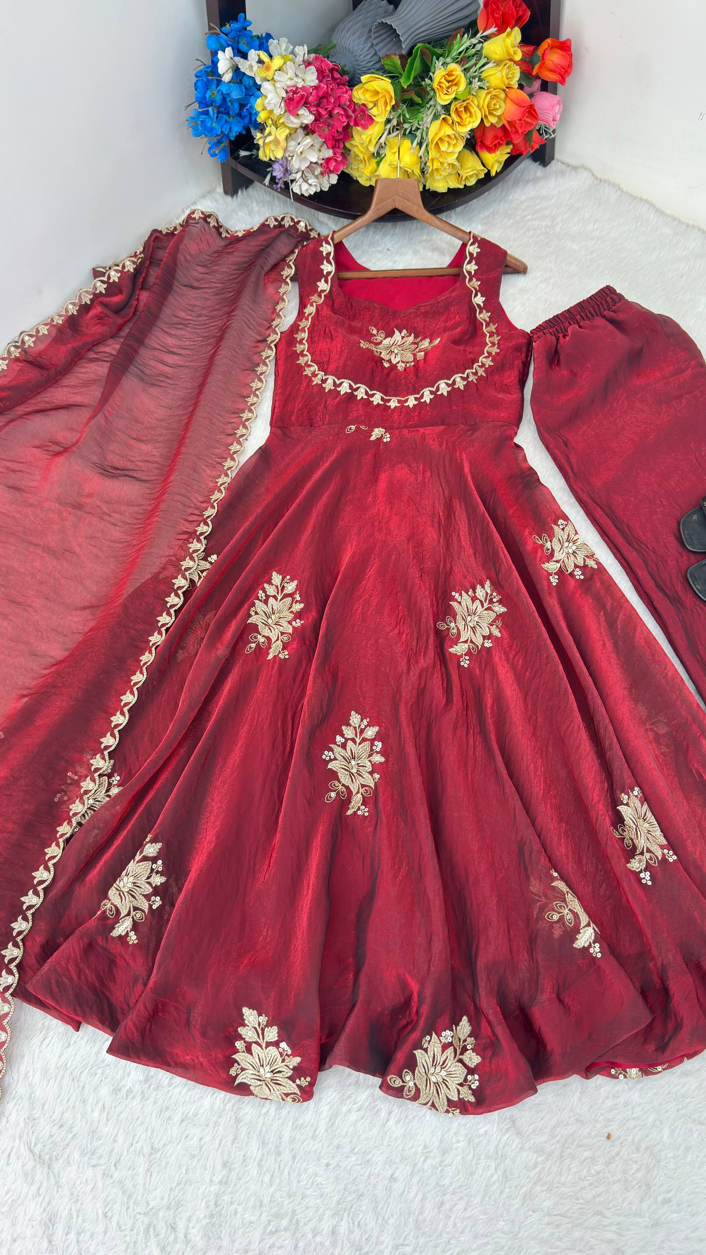 Elegant Party Wear Fendi Satin Gown Set with Dupatta and Pants Featuring 3mm Metallic Sequins and Intricate Zari Embroidery