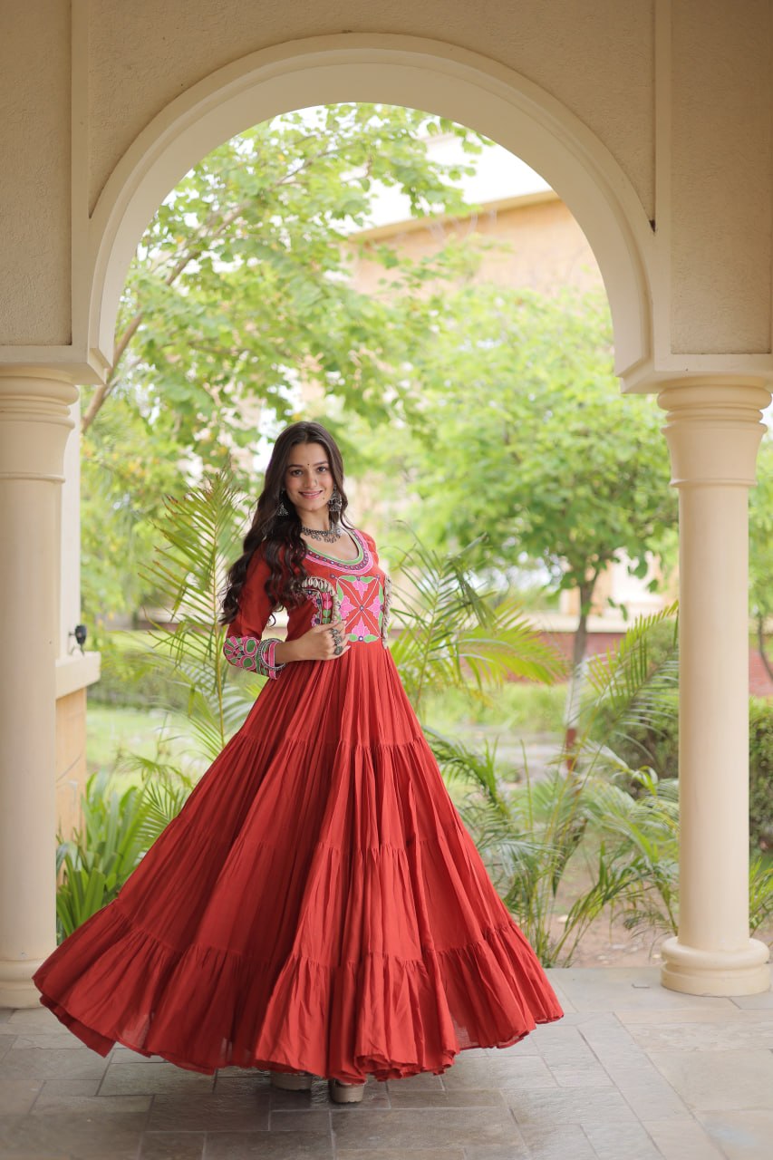 RangBhoomi Navratri Embroidered Kora Cotton Gown - Full Sleeve 54" Length (Rust, Purple)