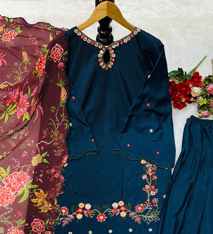 Navy blue Farsi party set flat lay showing detailed neckline and maroon digital print dupatta.