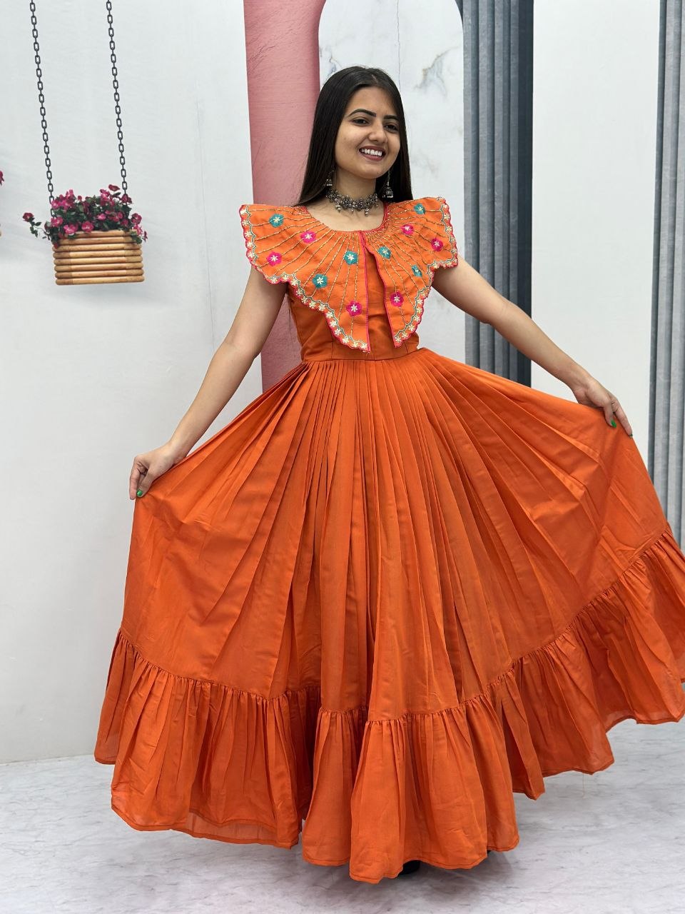 Trendy Hand-Embroidered Roman Fabric Gown with Soft Micro Cotton Lining, Fully Stitched, Available in Sizes M to XL and Beyond