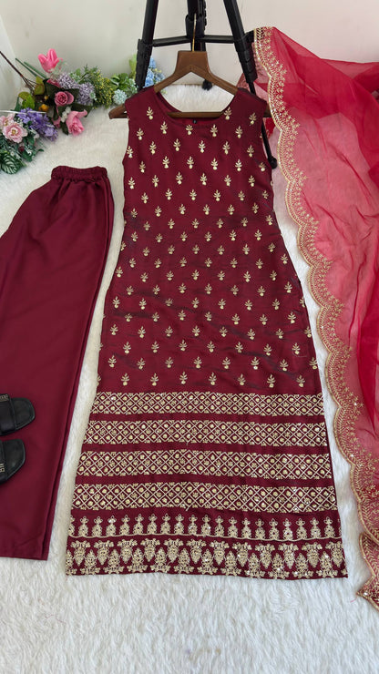 Roman Glass Satin Elegant Women's Suit Set with Golden Zari and Sequins Detailing