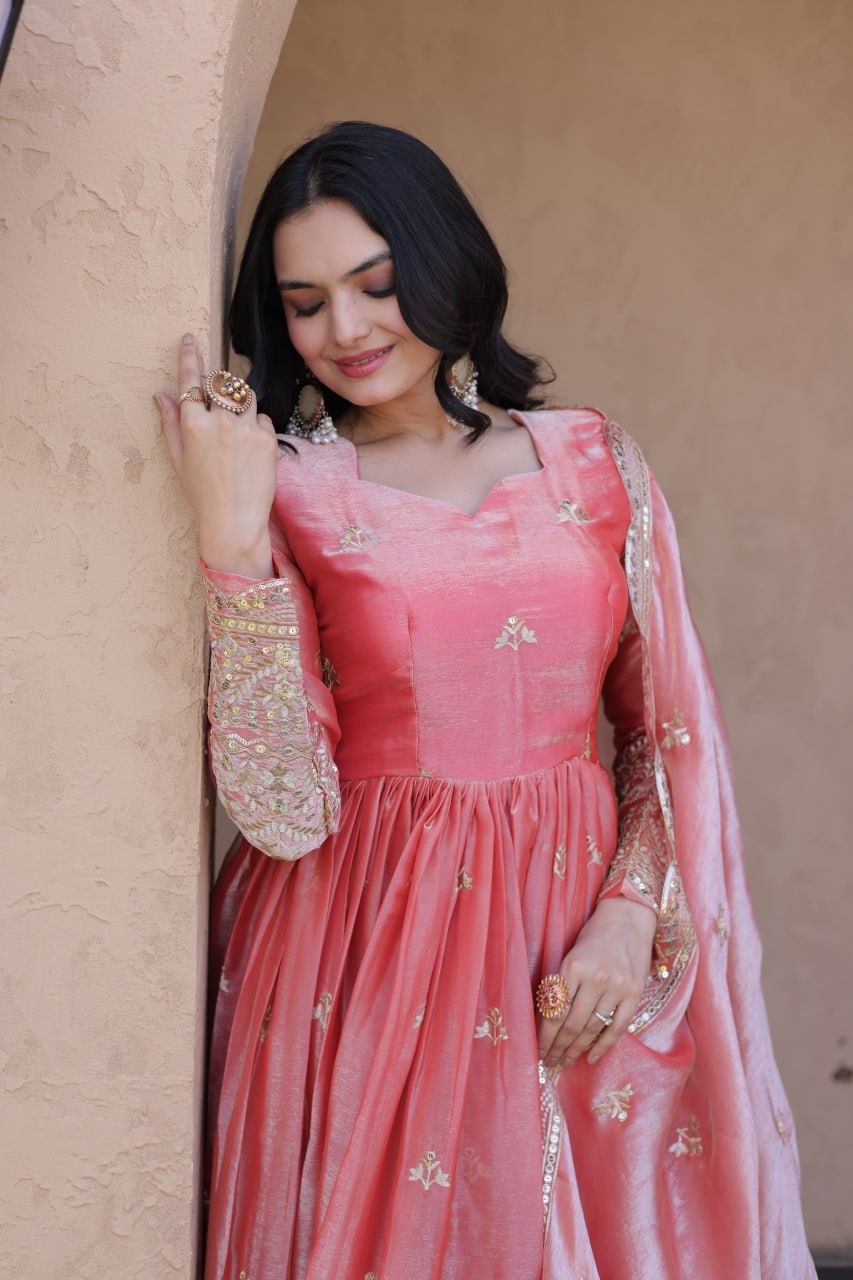 RangBhoomi Fendi Silk Sequined Gown with Dupatta – Elegant Full-Sleeve Designer Set
