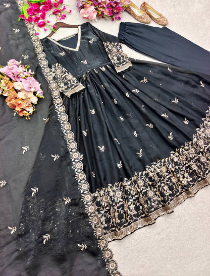 RangBhoomi Fendy Satin Silk Gown Set with Micro Silk Pants & Embroidered Dupatta