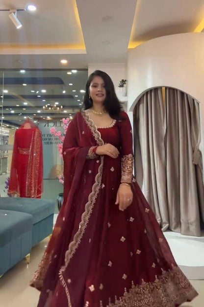 RangBhoomi Exclusive Designer Party Wear Collection – Elegant Two-Tone Silk Gown with Embroidery and Pearl Accents