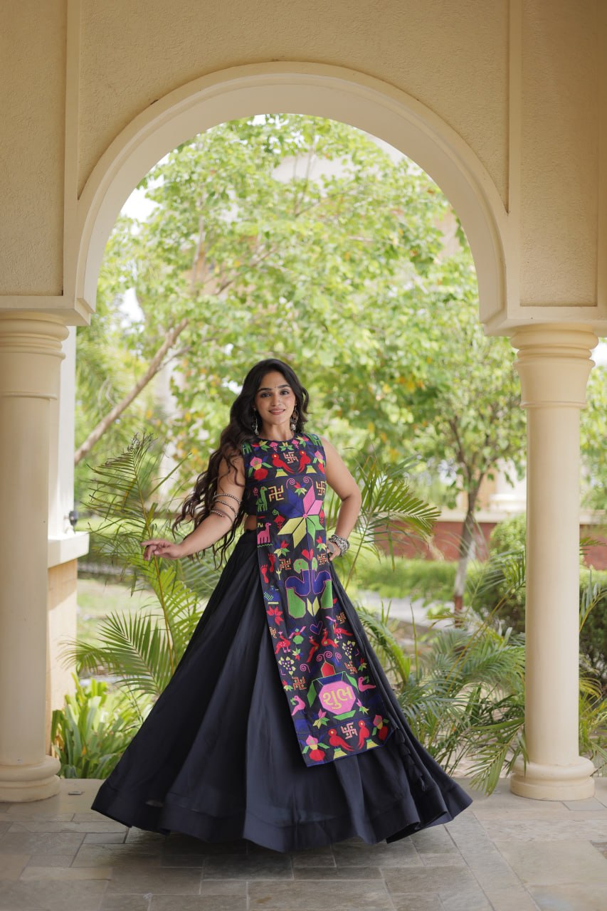 RangBhoomi Navratri Cora Cotton Lehenga Set — Embroidered Cotton Blouse (White & Black)
