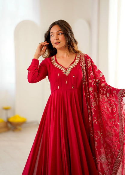 RangBhoomi Elegant Embroidered Mirror Anarkali Three-Piece Gown Set
