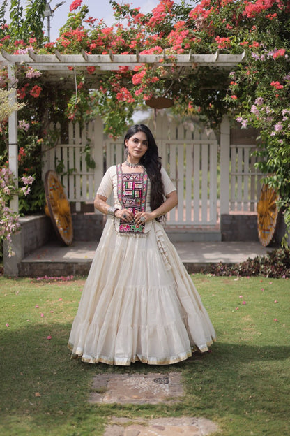 RangBhoomi Navratri 2026 Kora Cotton Full-Stitched Lehenga & Blouse Set — L (40", Adjustable 38–44)