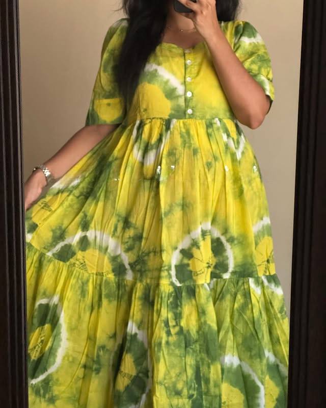 Leamonave Maxi Dress in yellow and green tie-dye, tiered skirt detail.