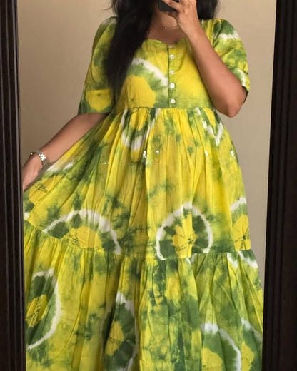 Leamonave Maxi Dress in yellow and green tie-dye, tiered skirt detail.