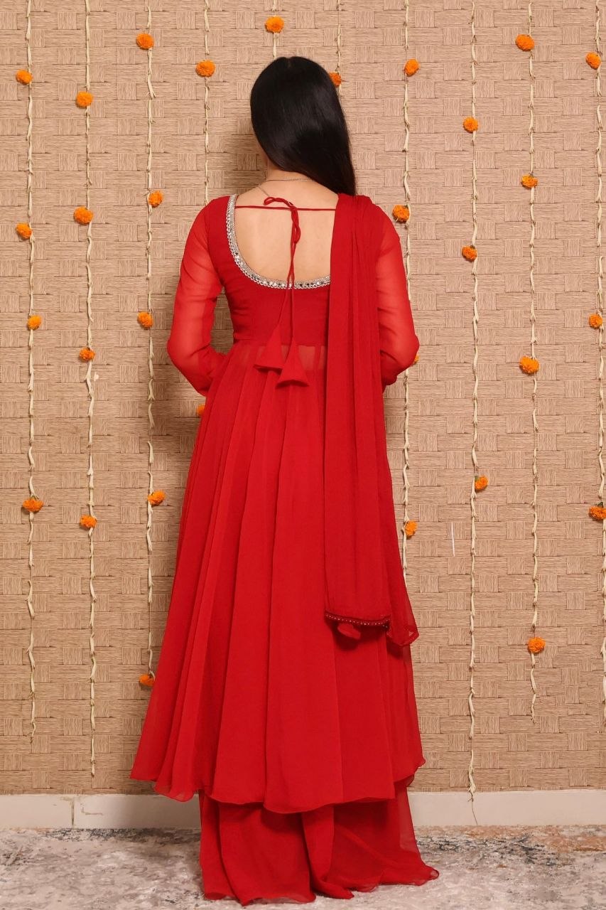 RangBhoomi Carmine Georgette 3-Piece Anarkali Suit Set — Cherry Red