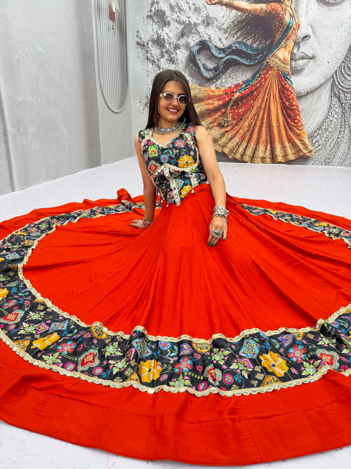 RangBhoomi Tapi-338 Big Flair 6 Meter Pure Cotton Lehenga Choli — Silk Choli, Fox Georgette Dupatta