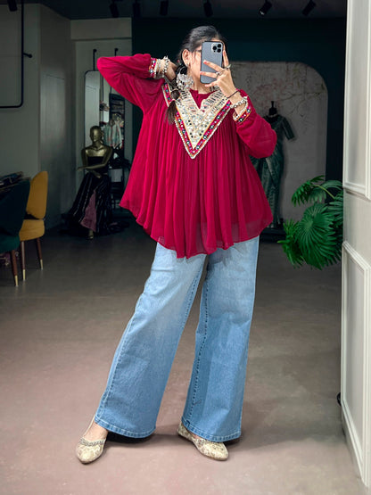 Garba Glam Top — Lightweight Mirror & Gamthi Lace Cape by RangBhoomi