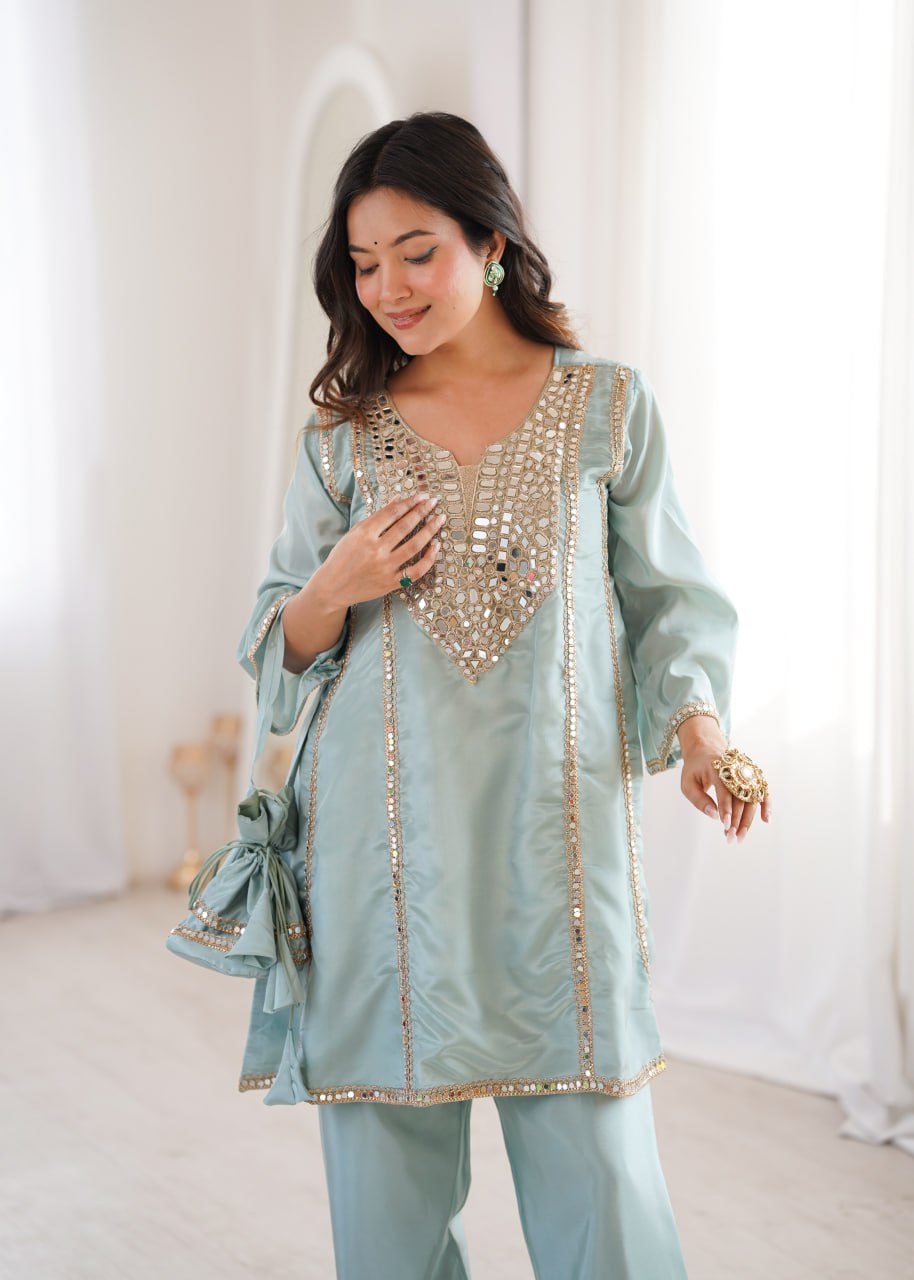 Ready-to-Wear Kurti and Pant Set with Decorative Drawstring Bag - Mirror Embroidered Collection 2026