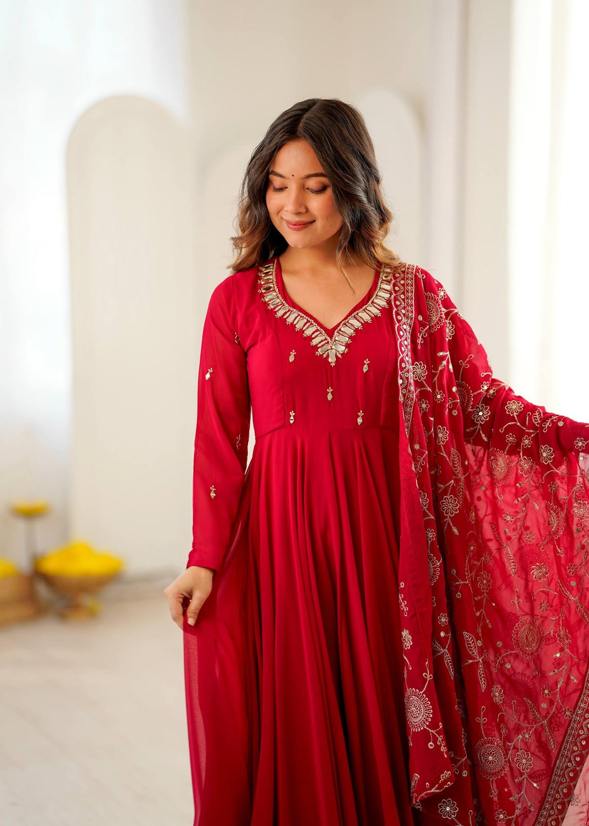 RangBhoomi Elegant Embroidered Mirror Anarkali Three-Piece Gown Set