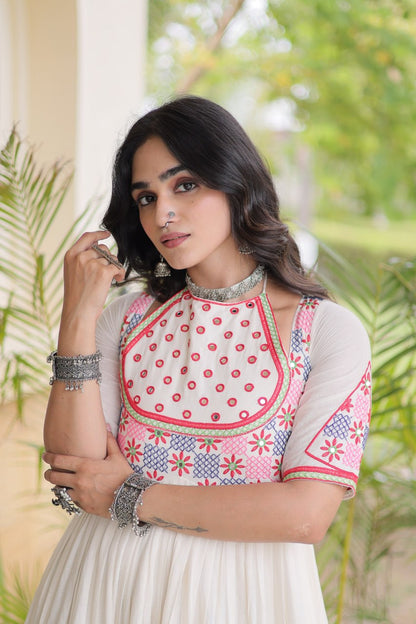 RangBhoomi Navratri Embroidered Kora Cotton Gown — 54" Festive Flair