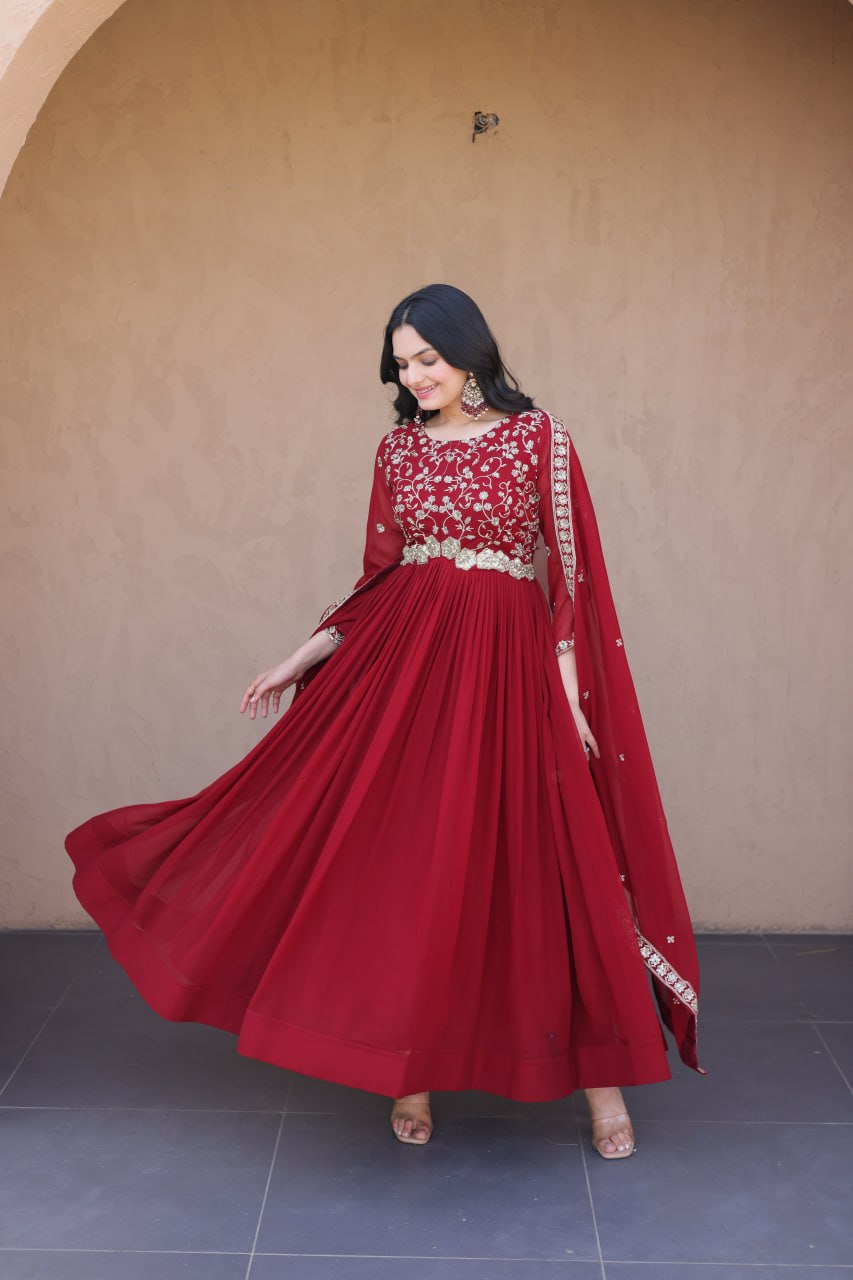 Elegant Gown and Dupatta Set with Embroidered Faux Blooming Fabric by RangBhoomi