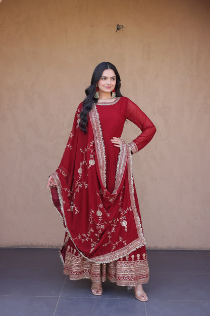 RangBhoomi Premium Maroon Embroidered Faux Blooming Ready‑Made Gown with Dupatta