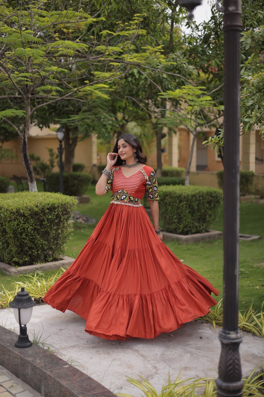 RangBhoomi Navratri Gown 2026 — Rust & Black Embroidered Multi-Tiered Festive Gown