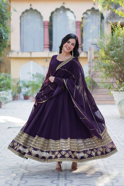 Embroidered Faux Blooming Gown with Dupatta