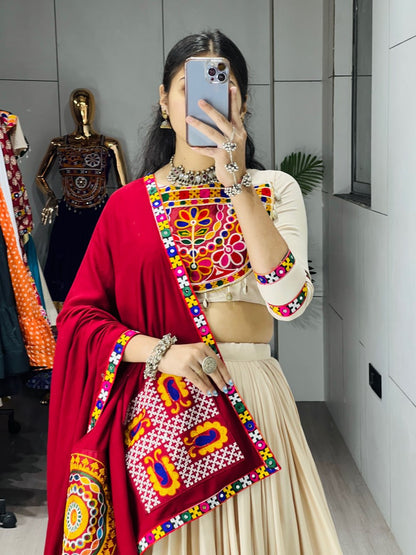 Classical Premium Gamthi Mirror Work Lehenga Choli - Vanilla Rayon Cotton Festive Set