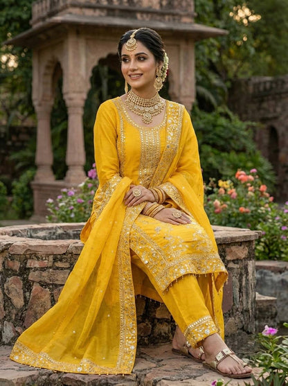 Elegant Designer Ready-to-Wear GMY Silk Three-Piece Set with Heavy Embroidery, Sequins, and Lace Border – Fully Stitched Top, Palazzo, and Dupatta