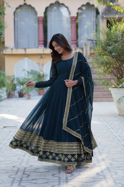 Embroidered Faux Blooming Gown with Dupatta