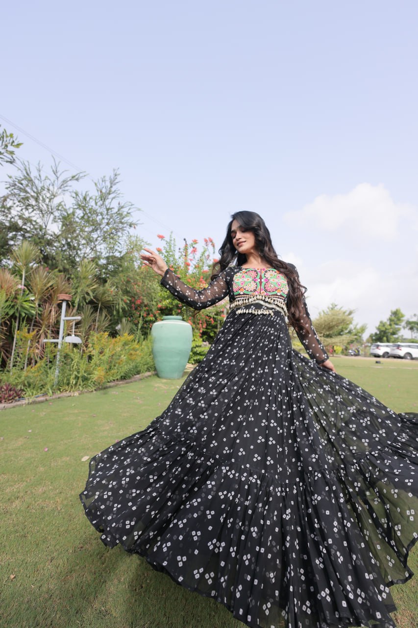 RangBhoomi Bandhani & Kutchi Patchwork Faux Georgette Gown — Full Sleeve, 12m Flair, Cotton Lining
