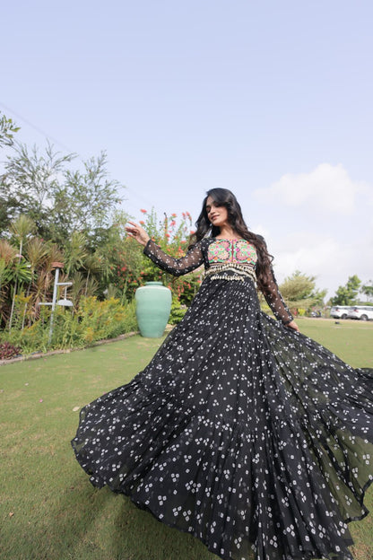 RangBhoomi Bandhani & Kutchi Patchwork Faux Georgette Gown — Full Sleeve, 12m Flair, Cotton Lining
